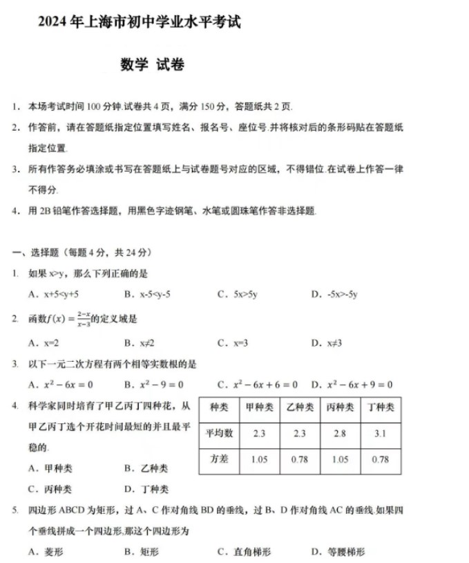 2024年上海市数学中考真题试题