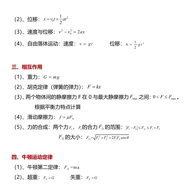 高一物理必修一公式大全