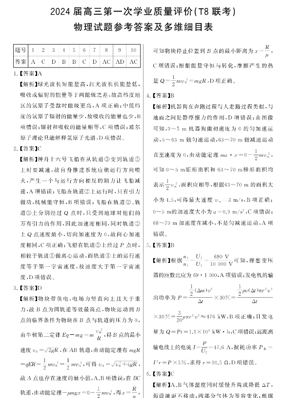 全国T8联考2024届高三第一次联考物理试题及答案